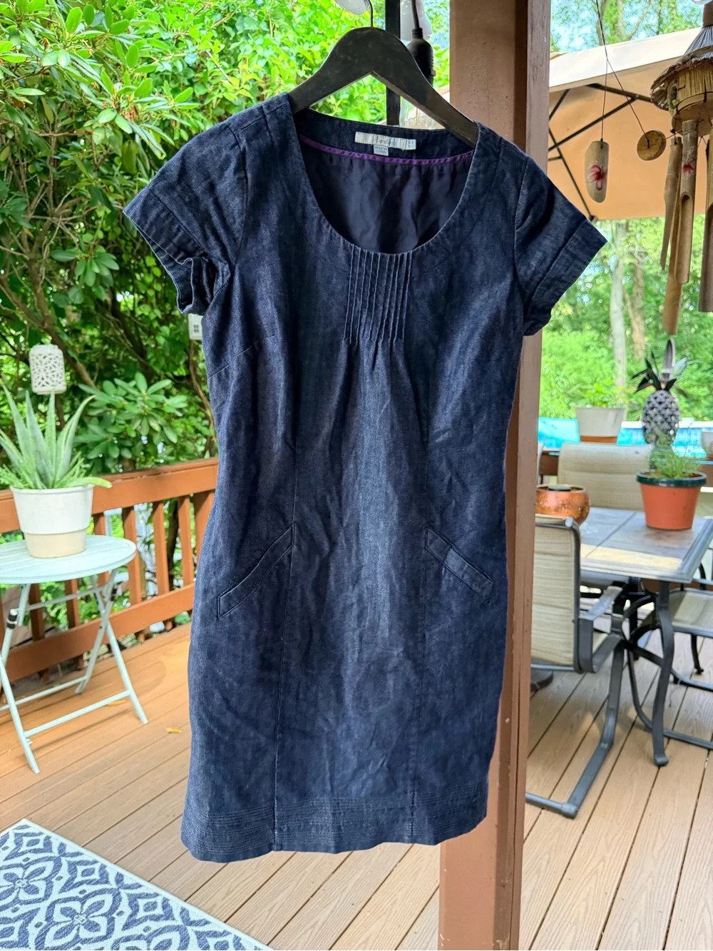 Boden Navy Short-Sleeve Denim-Texture Shift Dress
